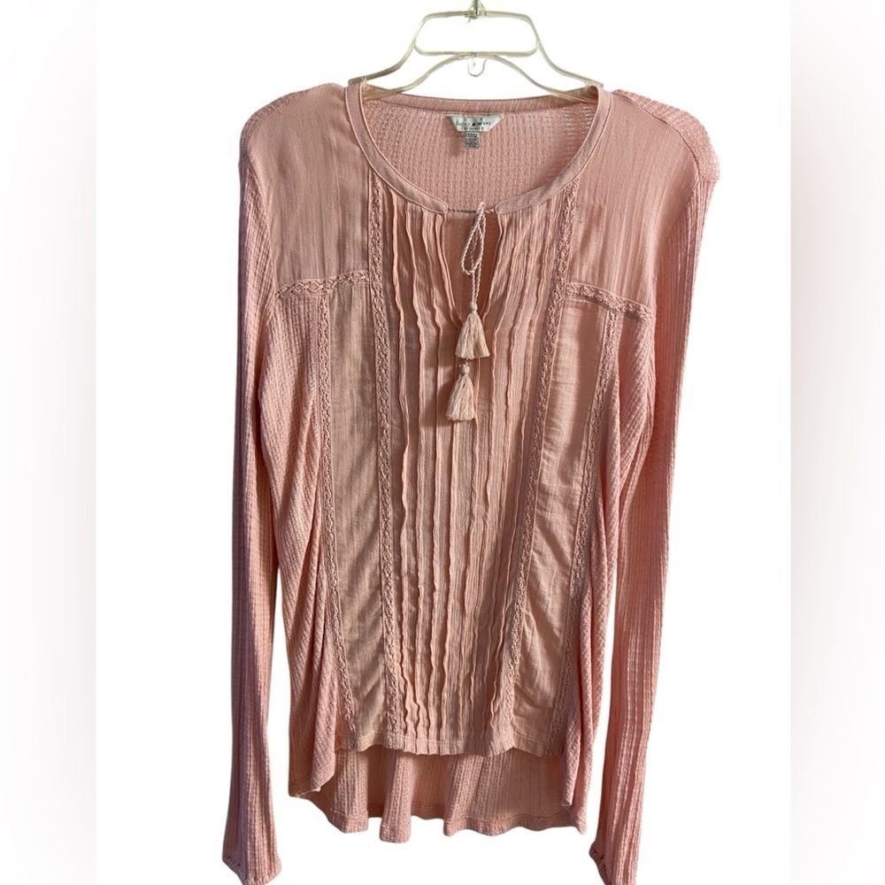 Lucky brand blouse pink pop over ribbed linen blend Medium